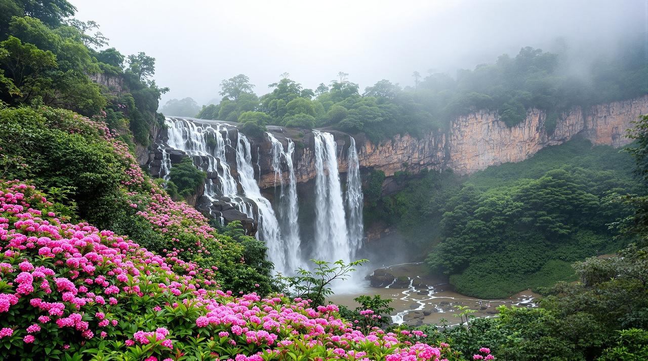 乐乐动漫 - 江西庐山杜鹃花海与瀑布同框