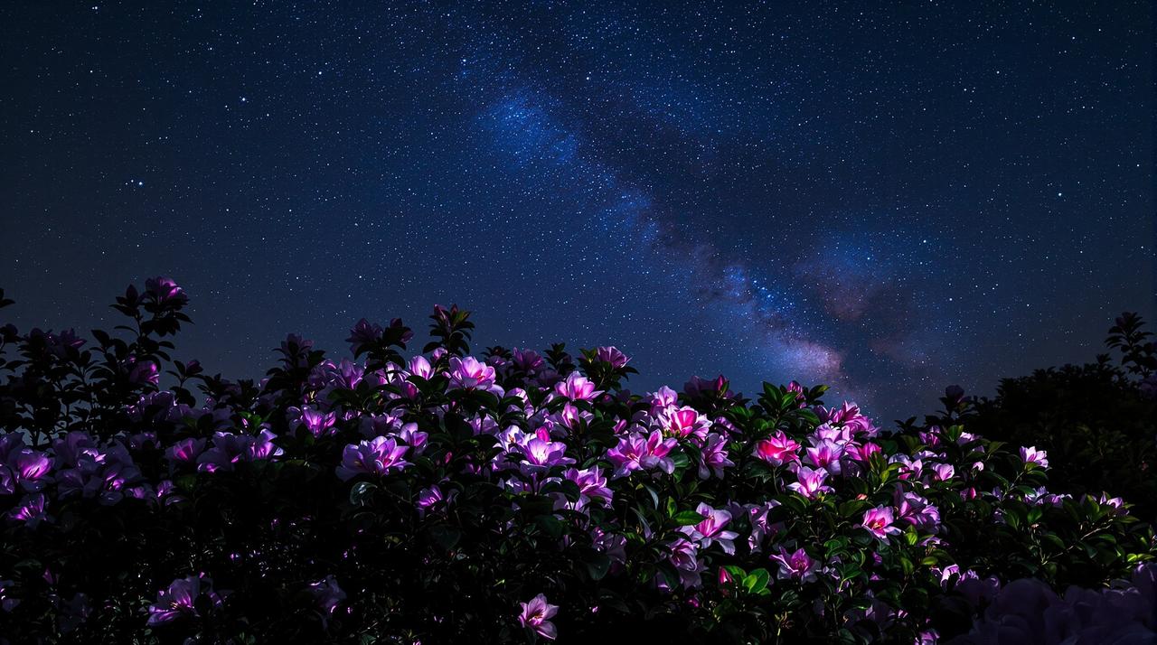乐乐动漫 - 杜鹃花夜间摄影：星空下的花语